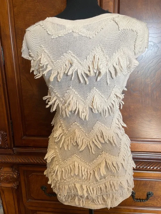 Anthropologie Yellow Bird Cream Fringe Cotton Blend Sweater Size Small - Picture 6 of 8